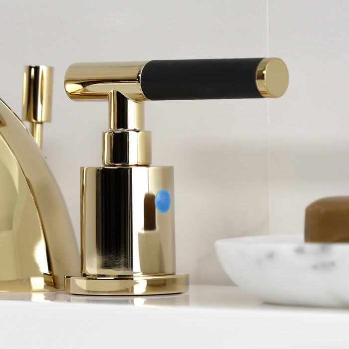 Kingston Tulare KB8952CKL - Kaiser Two-Handle 3-Hole Deck Mount Mini-Widespread Bathroom Faucet with Pop-Up Drain, Polished Brass