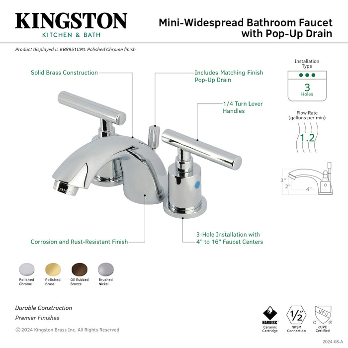 Kingston Tulare KB8952CML - Manhattan Two-Handle 3-Hole Deck Mount Mini-Widespread Bathroom Faucet with Pop-Up Drain, Polished Brass