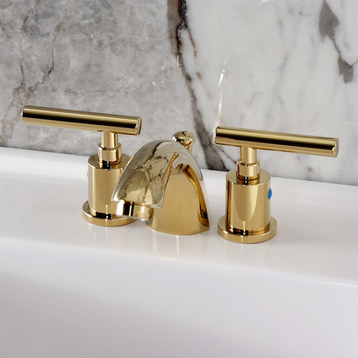 Kingston Tulare KB8952CML - Manhattan Two-Handle 3-Hole Deck Mount Mini-Widespread Bathroom Faucet with Pop-Up Drain, Polished Brass