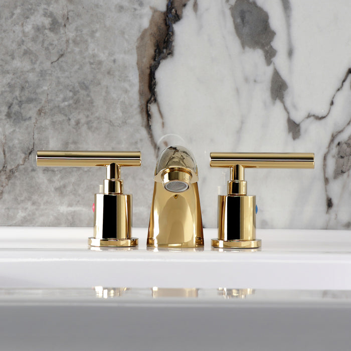 Kingston Tulare KB8952CML - Manhattan Two-Handle 3-Hole Deck Mount Mini-Widespread Bathroom Faucet with Pop-Up Drain, Polished Brass