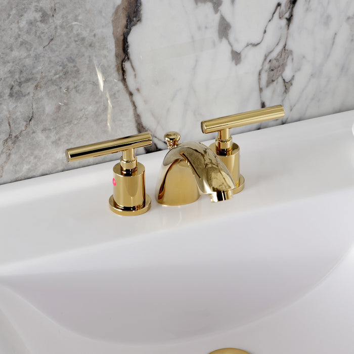 Kingston Tulare KB8952CML - Manhattan Two-Handle 3-Hole Deck Mount Mini-Widespread Bathroom Faucet with Pop-Up Drain, Polished Brass