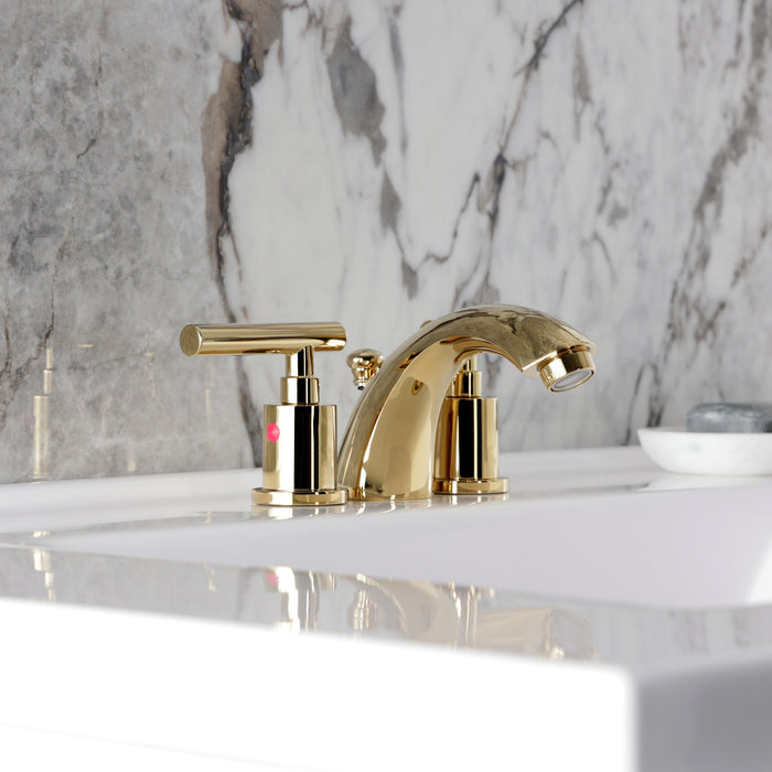 Kingston Tulare KB8952CML - Manhattan Two-Handle 3-Hole Deck Mount Mini-Widespread Bathroom Faucet with Pop-Up Drain, Polished Brass