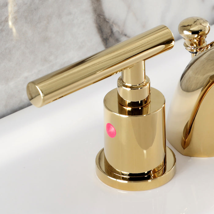 Kingston Tulare KB8952CML - Manhattan Two-Handle 3-Hole Deck Mount Mini-Widespread Bathroom Faucet with Pop-Up Drain, Polished Brass