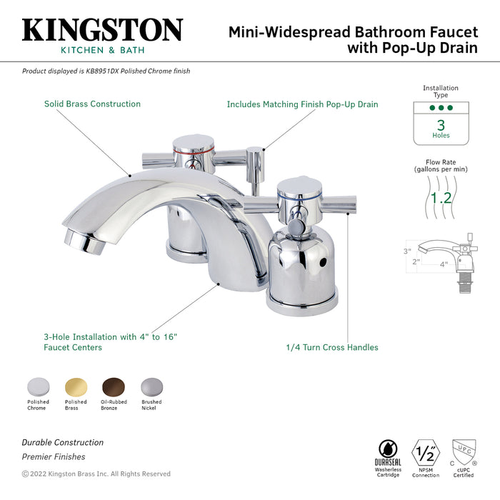 Kingston Tulare KB8952DX - Concord Two-Handle 3-Hole Deck Mount Mini-Widespread Bathroom Faucet with Pop-Up Drain, Polished Brass