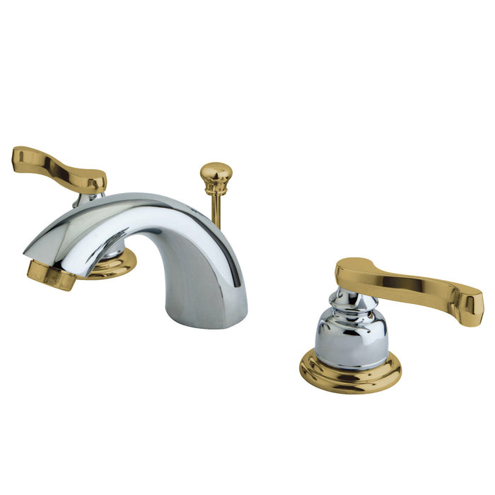 Kingston Tulare KB8954FL - Royale Two-Handle 3-Hole Deck Mount Mini-Widespread Bathroom Faucet with Pop-Up Drain, Polished Chrome/Polished Brass