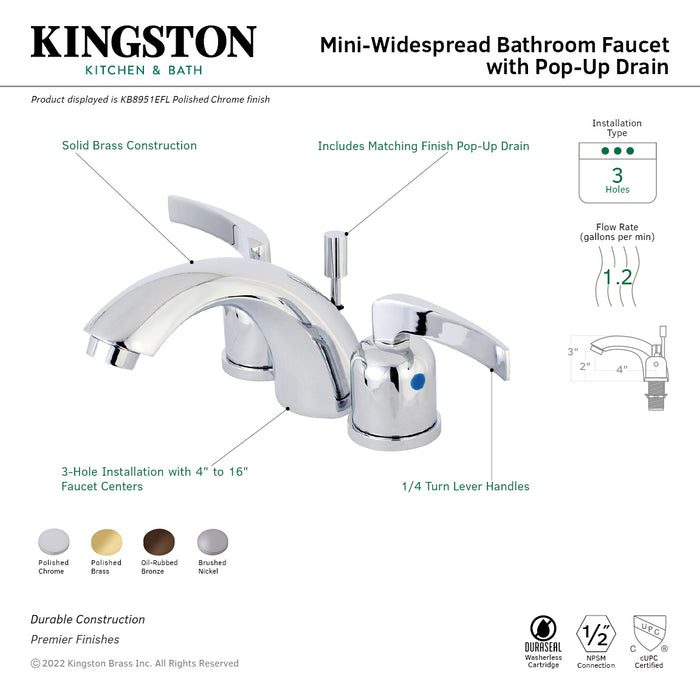 Kingston Tulare KB8955EFL - Centurion Two-Handle 3-Hole Deck Mount Mini-Widespread Bathroom Faucet with Pop-Up Drain, Oil Rubbed Bronze