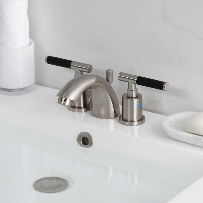 Kingston Tulare KB8958CKL - Kaiser Two-Handle 3-Hole Deck Mount Mini-Widespread Bathroom Faucet with Pop-Up Drain, Brushed Nickel