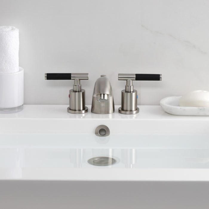 Kingston Tulare KB8958CKL - Kaiser Two-Handle 3-Hole Deck Mount Mini-Widespread Bathroom Faucet with Pop-Up Drain, Brushed Nickel