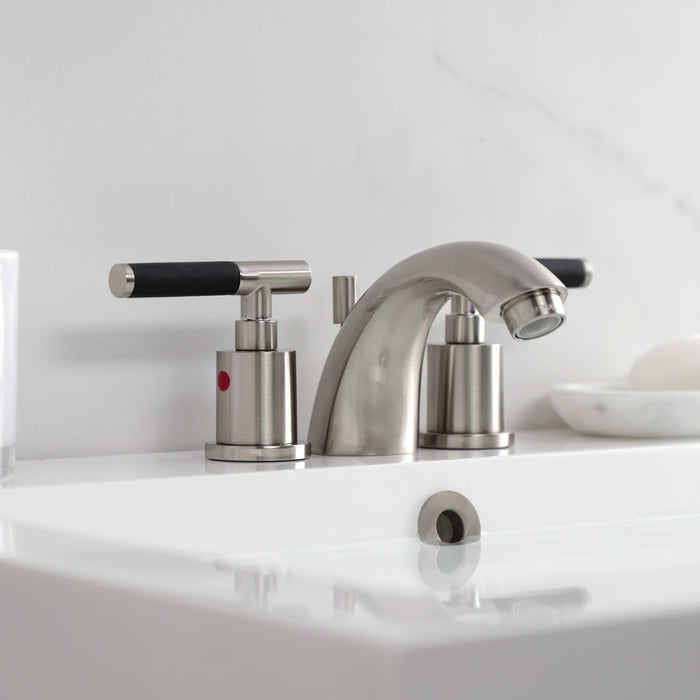 Kingston Tulare KB8958CKL - Kaiser Two-Handle 3-Hole Deck Mount Mini-Widespread Bathroom Faucet with Pop-Up Drain, Brushed Nickel