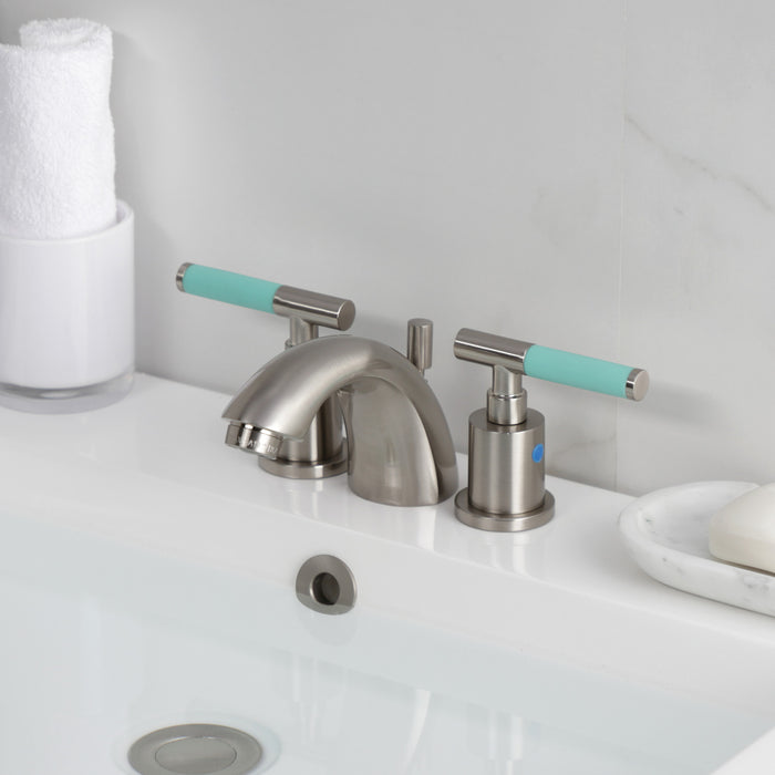 Kingston Tulare KB8958CKL - Kaiser Two-Handle 3-Hole Deck Mount Mini-Widespread Bathroom Faucet with Pop-Up Drain, Brushed Nickel