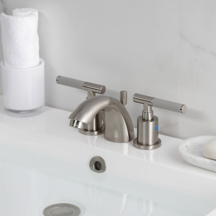 Kingston Tulare KB8958CKL - Kaiser Two-Handle 3-Hole Deck Mount Mini-Widespread Bathroom Faucet with Pop-Up Drain, Brushed Nickel
