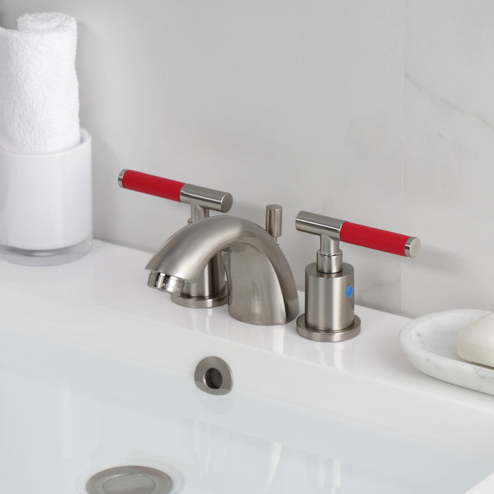 Kingston Tulare KB8958CKL - Kaiser Two-Handle 3-Hole Deck Mount Mini-Widespread Bathroom Faucet with Pop-Up Drain, Brushed Nickel