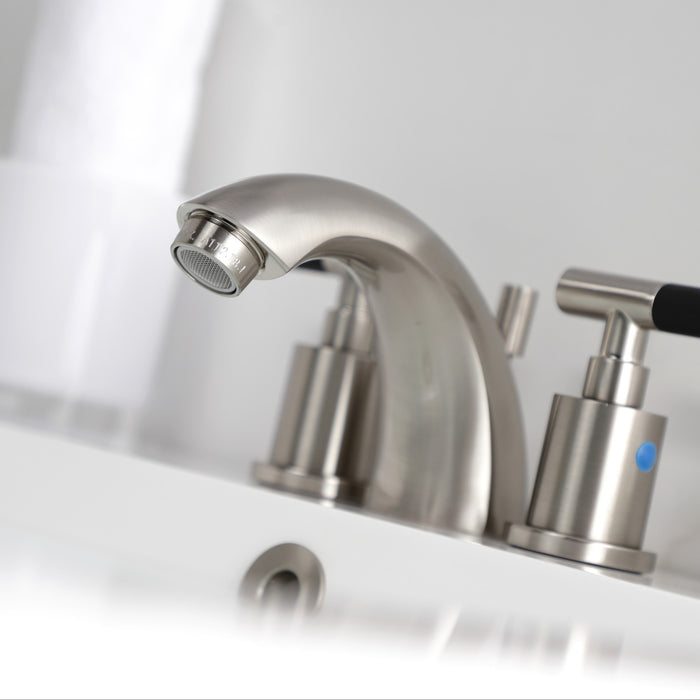 Kingston Tulare KB8958CKL - Kaiser Two-Handle 3-Hole Deck Mount Mini-Widespread Bathroom Faucet with Pop-Up Drain, Brushed Nickel