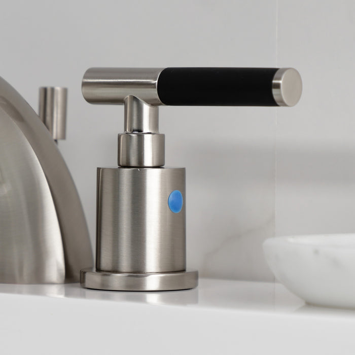 Kingston Tulare KB8958CKL - Kaiser Two-Handle 3-Hole Deck Mount Mini-Widespread Bathroom Faucet with Pop-Up Drain, Brushed Nickel