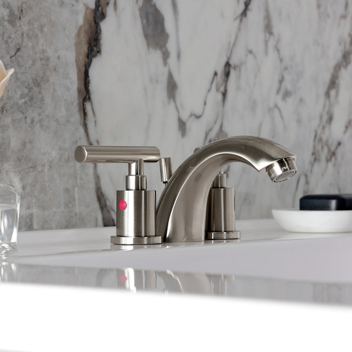 Kingston Tulare KB8958CML - Manhattan Two-Handle 3-Hole Deck Mount Mini-Widespread Bathroom Faucet with Pop-Up Drain, Brushed Nickel