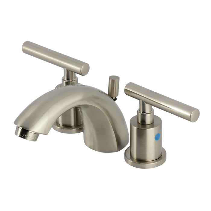 Kingston Tulare KB8958CML - Manhattan Two-Handle 3-Hole Deck Mount Mini-Widespread Bathroom Faucet with Pop-Up Drain, Brushed Nickel