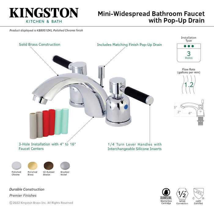 Kingston Tulare KB8958DKL - Kaiser Two-Handle 3-Hole Deck Mount Mini-Widespread Bathroom Faucet with Pop-Up Drain, Brushed Nickel