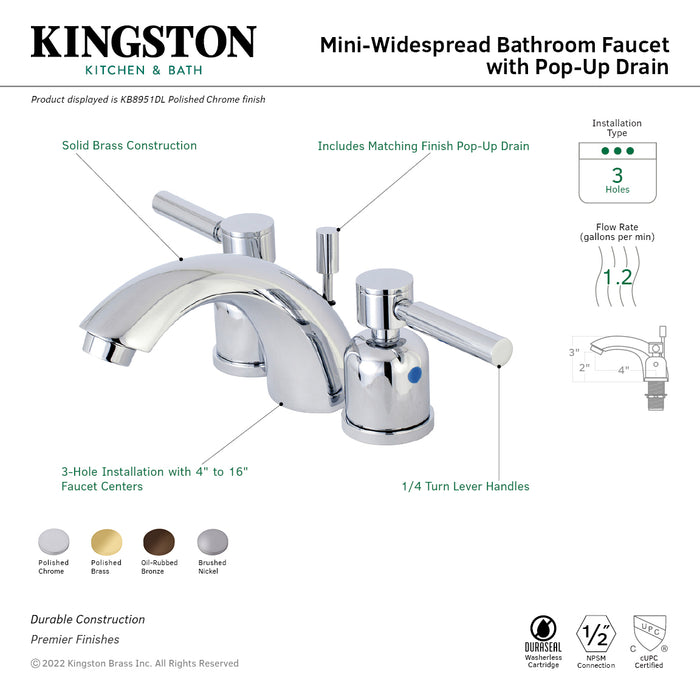 Kingston Tulare KB8958DL - Concord Two-Handle 3-Hole Deck Mount Mini-Widespread Bathroom Faucet with Pop-Up Drain, Brushed Nickel