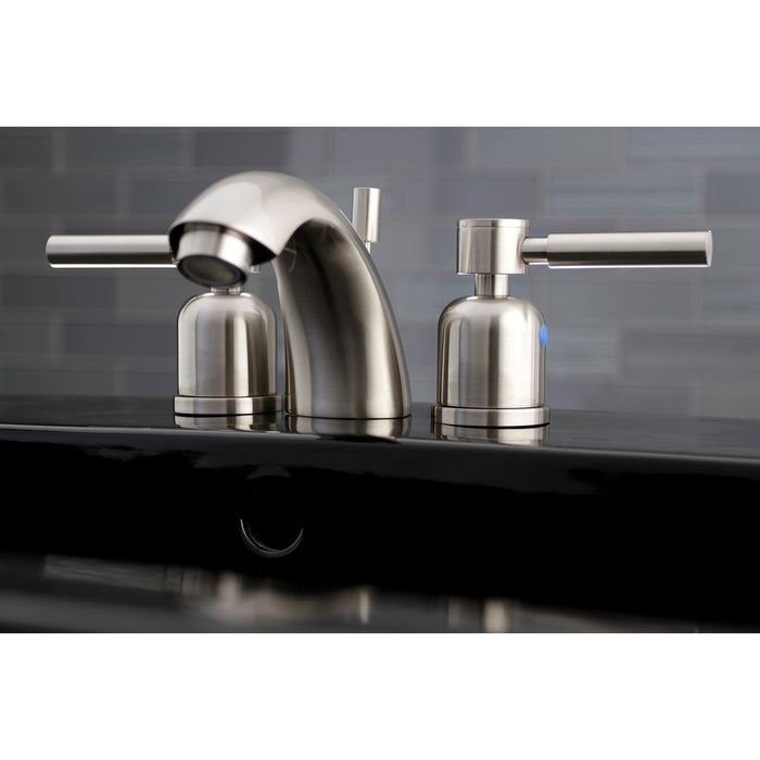 Kingston Tulare KB8958DL - Concord Two-Handle 3-Hole Deck Mount Mini-Widespread Bathroom Faucet with Pop-Up Drain, Brushed Nickel