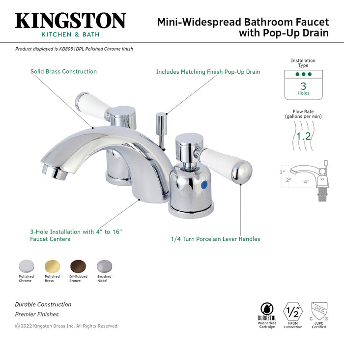 Kingston Tulare KB8958DPL - Paris Two-Handle 3-Hole Deck Mount Mini-Widespread Bathroom Faucet with Pop-Up Drain, Brushed Nickel