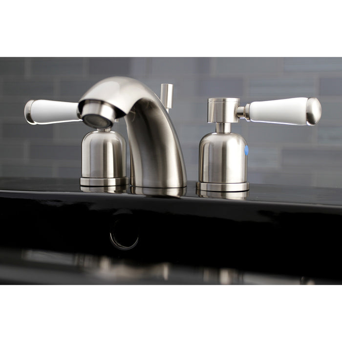 Kingston Tulare KB8958DPL - Paris Two-Handle 3-Hole Deck Mount Mini-Widespread Bathroom Faucet with Pop-Up Drain, Brushed Nickel