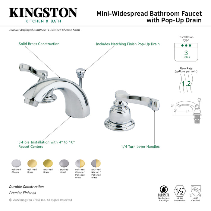 Kingston Tulare KB8958FL - Royale Two-Handle 3-Hole Deck Mount Mini-Widespread Bathroom Faucet with Pop-Up Drain, Brushed Nickel