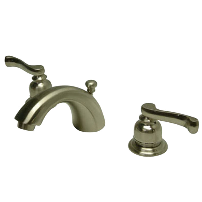 Kingston Tulare KB8958FL - Royale Two-Handle 3-Hole Deck Mount Mini-Widespread Bathroom Faucet with Pop-Up Drain, Brushed Nickel