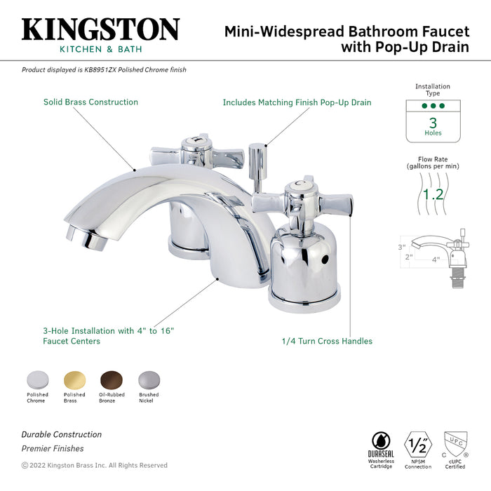 Kingston Tulare KB8958ZX - Millennium Two-Handle 3-Hole Deck Mount Mini-Widespread Bathroom Faucet with Pop-Up Drain, Brushed Nickel