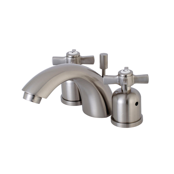 Kingston Tulare KB8958ZX - Millennium Two-Handle 3-Hole Deck Mount Mini-Widespread Bathroom Faucet with Pop-Up Drain, Brushed Nickel