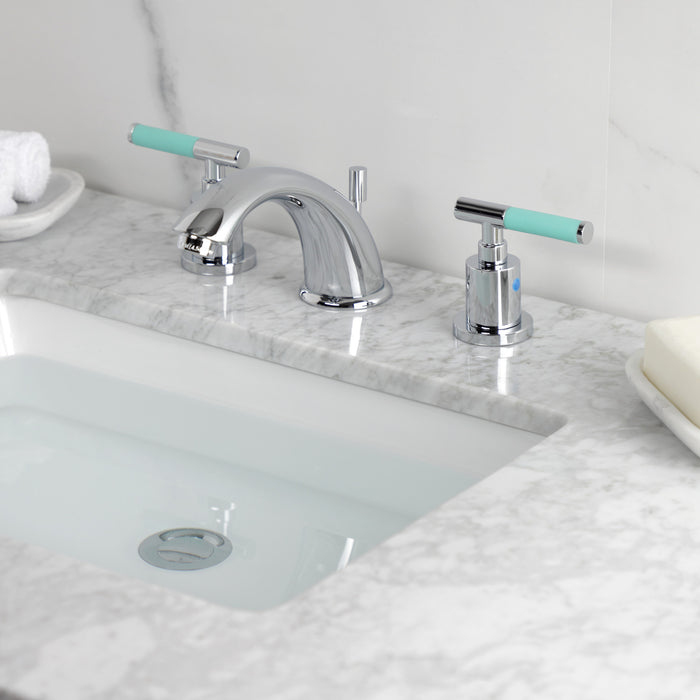 Kingston Tulare KB8961CKL - Kaiser Two-Handle 3-Hole Deck Mount Widespread Bathroom Faucet with Pop-Up Drain, Polished Chrome