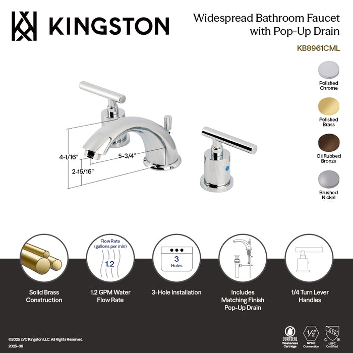 Kingston Tulare KB8961CML - Manhattan Two-Handle 3-Hole Deck Mount Widespread Bathroom Faucet with Pop-Up Drain, Polished Chrome