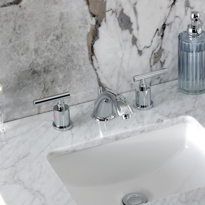 Kingston Tulare KB8961CML - Manhattan Two-Handle 3-Hole Deck Mount Widespread Bathroom Faucet with Pop-Up Drain, Polished Chrome