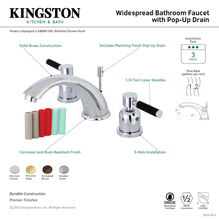 Kingston Tulare KB8961DKL - Kaiser Two-Handle 3-Hole Deck Mount Widespread Bathroom Faucet with Pop-Up Drain, Polished Chrome