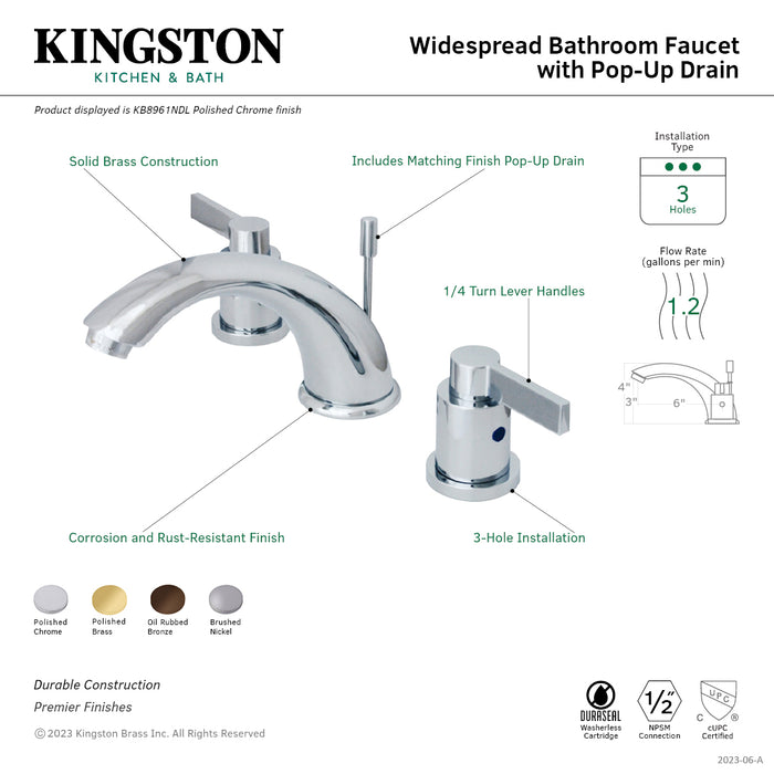 NuvoFusion KB8961NDL Two-Handle 3-Hole Deck Mount Widespread Bathroom Faucet with Plastic Pop-Up, Polished Chrome