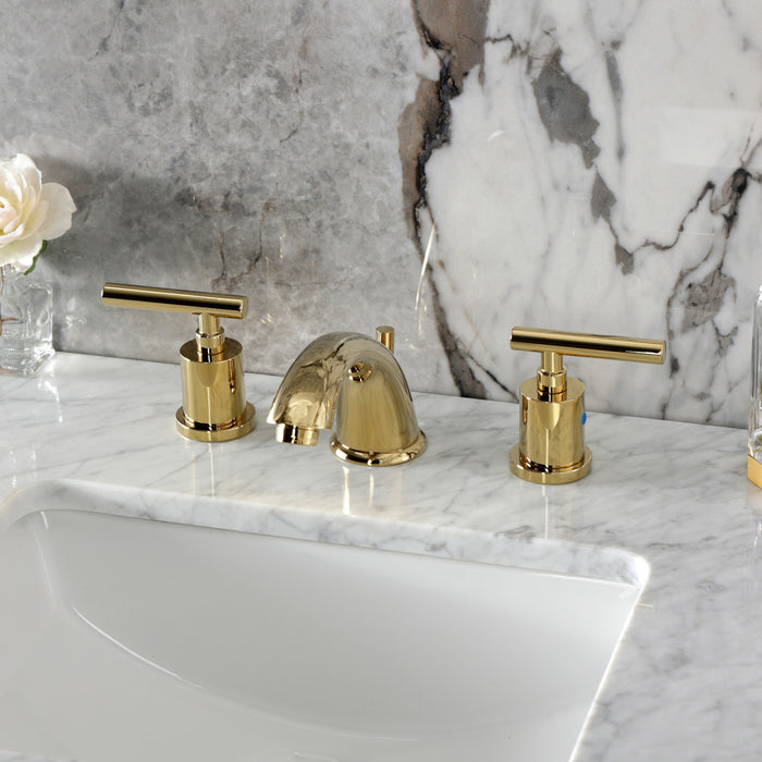 Kingston Tulare KB8962CML - Manhattan Two-Handle 3-Hole Deck Mount Widespread Bathroom Faucet with Pop-Up Drain, Polished Brass