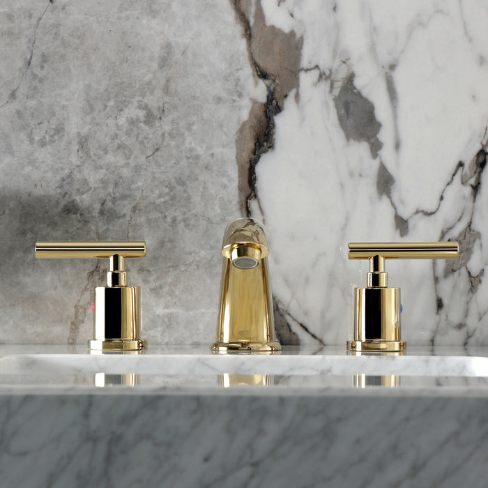 Kingston Tulare KB8962CML - Manhattan Two-Handle 3-Hole Deck Mount Widespread Bathroom Faucet with Pop-Up Drain, Polished Brass