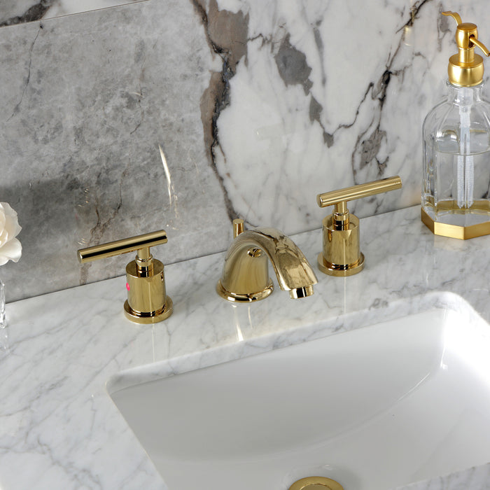 Kingston Tulare KB8962CML - Manhattan Two-Handle 3-Hole Deck Mount Widespread Bathroom Faucet with Pop-Up Drain, Polished Brass