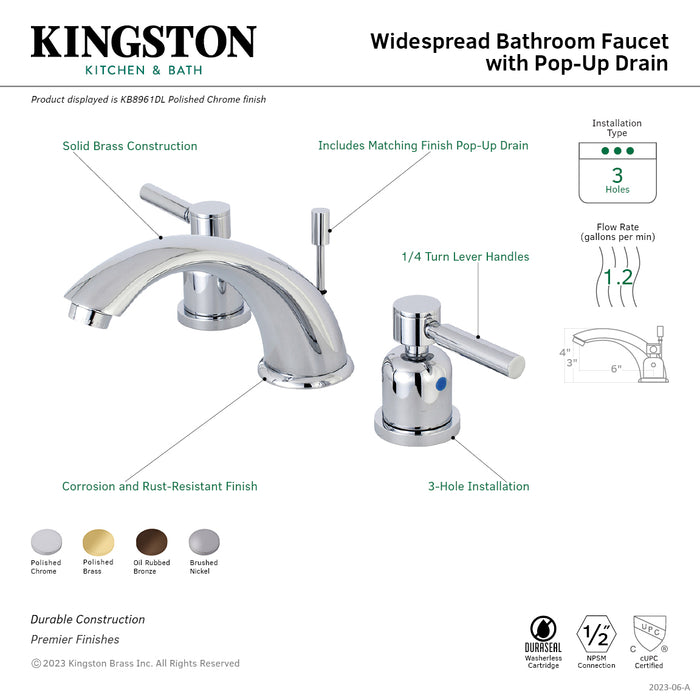 Kingston Tulare KB8962DL - Concord Two-Handle 3-Hole Deck Mount Widespread Bathroom Faucet with Pop-Up Drain, Polished Brass