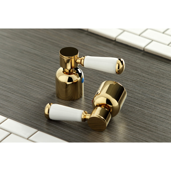 Paris KB8962DPL Two-Handle 3-Hole Deck Mount Widespread Bathroom Faucet with Plastic Pop-Up, Polished Brass