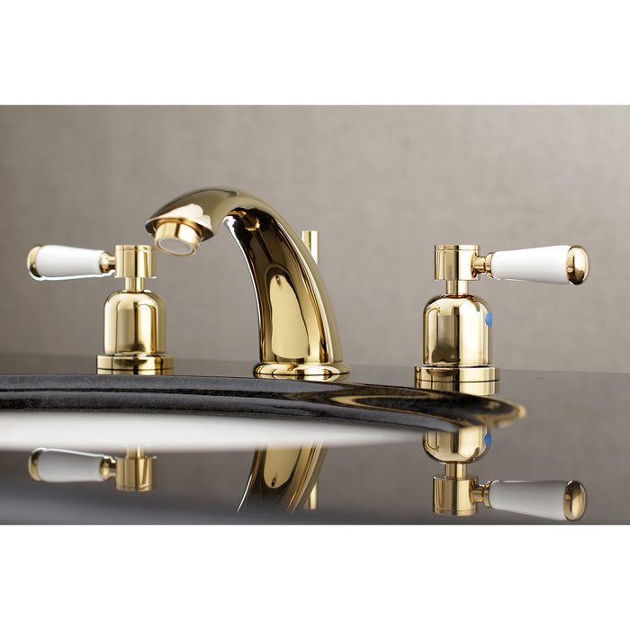 Paris KB8962DPL Two-Handle 3-Hole Deck Mount Widespread Bathroom Faucet with Plastic Pop-Up, Polished Brass