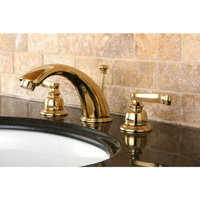 Royale KB8962FL Two-Handle 3-Hole Deck Mount Widespread Bathroom Faucet with Plastic Pop-Up, Polished Brass