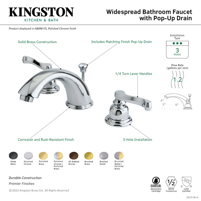 Royale KB8964FL Two-Handle 3-Hole Deck Mount Widespread Bathroom Faucet with Plastic Pop-Up, Polished Chrome/Polished Brass