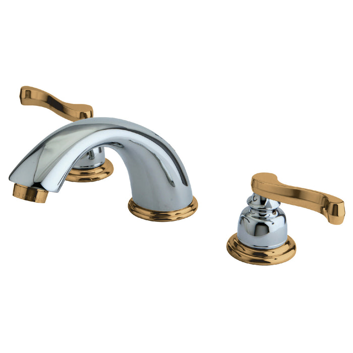 Royale KB8964FL Two-Handle 3-Hole Deck Mount Widespread Bathroom Faucet with Plastic Pop-Up, Polished Chrome/Polished Brass