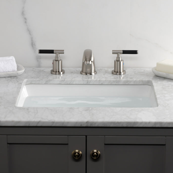 Kingston Tulare KB8968CKL - Kaiser Two-Handle 3-Hole Deck Mount Widespread Bathroom Faucet with Pop-Up Drain, Brushed Nickel