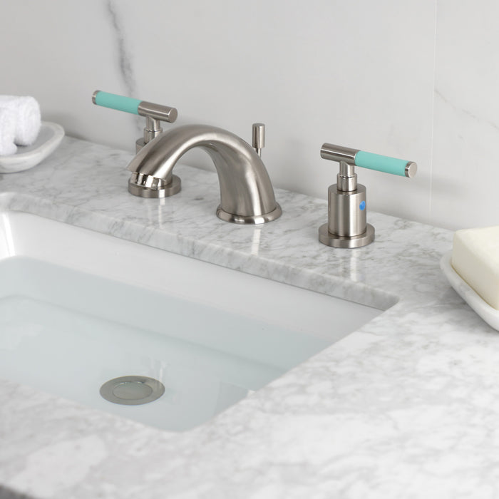 Kingston Tulare KB8968CKL - Kaiser Two-Handle 3-Hole Deck Mount Widespread Bathroom Faucet with Pop-Up Drain, Brushed Nickel