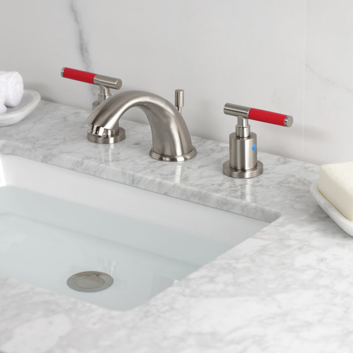 Kingston Tulare KB8968CKL - Kaiser Two-Handle 3-Hole Deck Mount Widespread Bathroom Faucet with Pop-Up Drain, Brushed Nickel