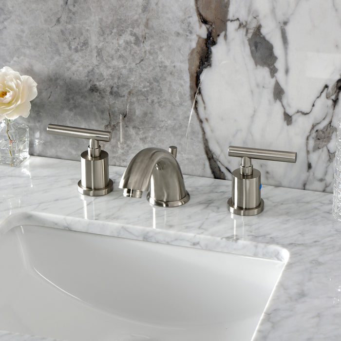 Kingston Tulare KB8968CML - Manhattan Two-Handle 3-Hole Deck Mount Widespread Bathroom Faucet with Pop-Up Drain, Brushed Nickel