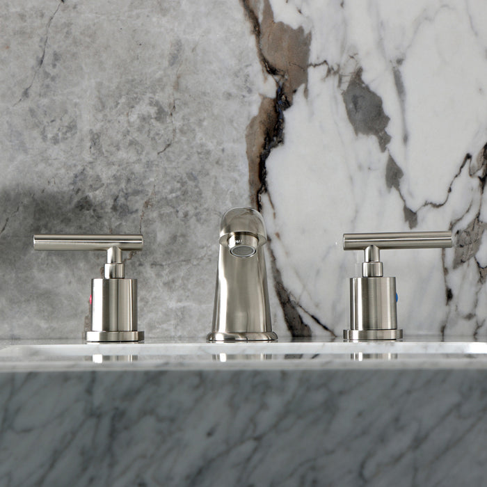 Kingston Tulare KB8968CML - Manhattan Two-Handle 3-Hole Deck Mount Widespread Bathroom Faucet with Pop-Up Drain, Brushed Nickel