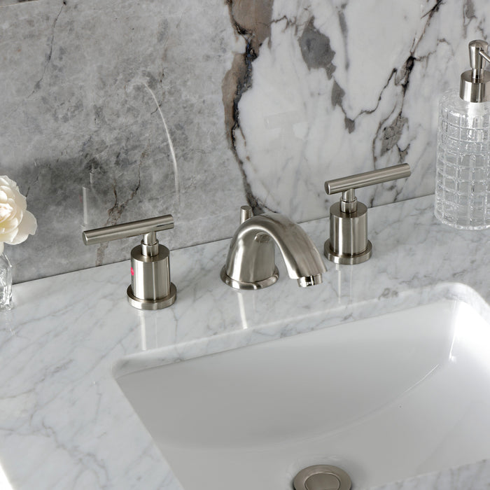 Kingston Tulare KB8968CML - Manhattan Two-Handle 3-Hole Deck Mount Widespread Bathroom Faucet with Pop-Up Drain, Brushed Nickel