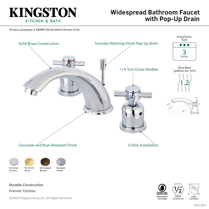 Kingston Tulare KB8968DX - Concord Two-Handle 3-Hole Deck Mount Widespread Bathroom Faucet with Pop-Up Drain, Brushed Nickel